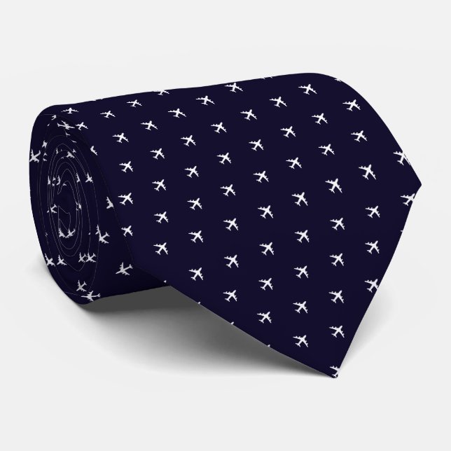 Corbata Azul Profundo de Pequeños Aviones Blancos (Enrollado)