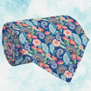 Corbata Azul Real Turquesa Naranja Floral Vintage Paisley