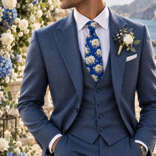 Corbata Azul Real y Peonía Blanca con Contorno Dorado Flor