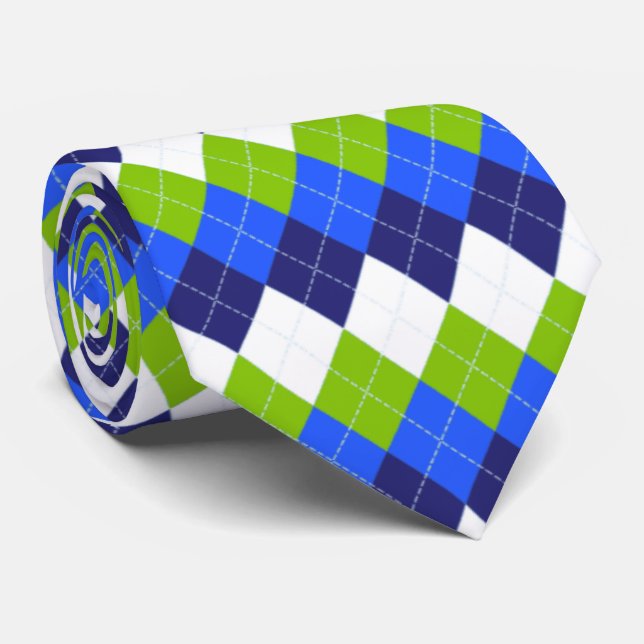 Corbata Azul, Verde Lima y Argyle Blanco (Enrollado)