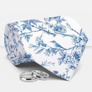 Corbata Azul y Blanco Chinoiserie Floral Aves