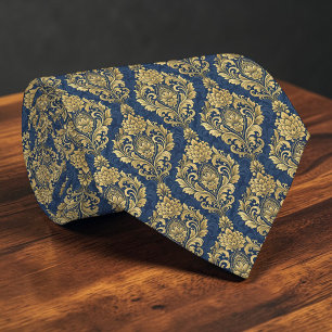 Corbata azul y dorada de damasco personalizada