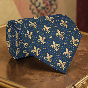 Corbata Azul y Dorada Personalizada con Flor de Li