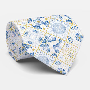Corbata Azulejo Geométrico Chinoiserie Blanco Azul Dorado
