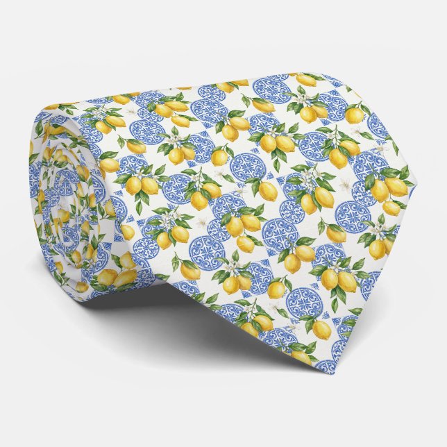 Corbata Azulejos Blancos Azules Limones Boda Mediterránea  (Enrollado)