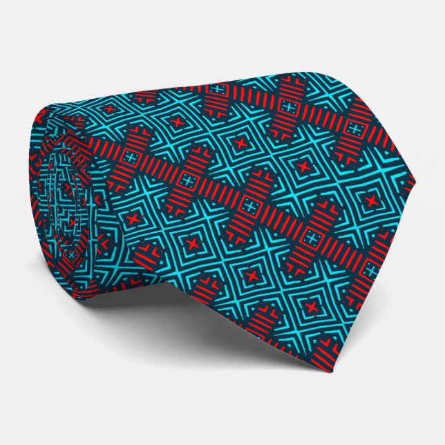 Corbata Azure Blue Red Retro Pattern Necktie (Enrollado)