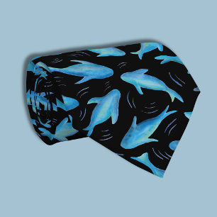 Corbata Bajo el mar azul patrón de tiburón pez negro