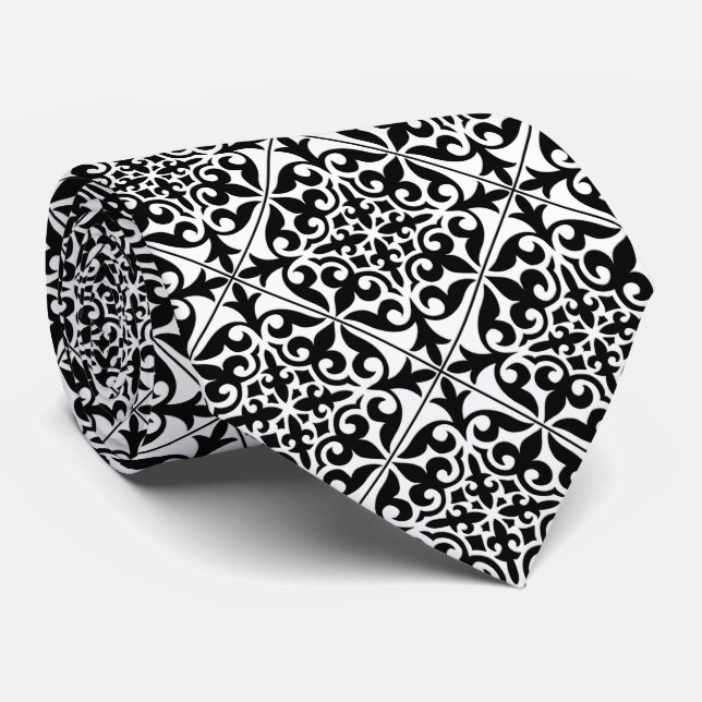 Corbata Baldosa marroquí - blanco con fondo negro (Enrollado)