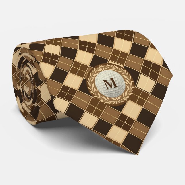 Corbata Ball de golf Retro Brown Argyle Monogram (Enrollado)