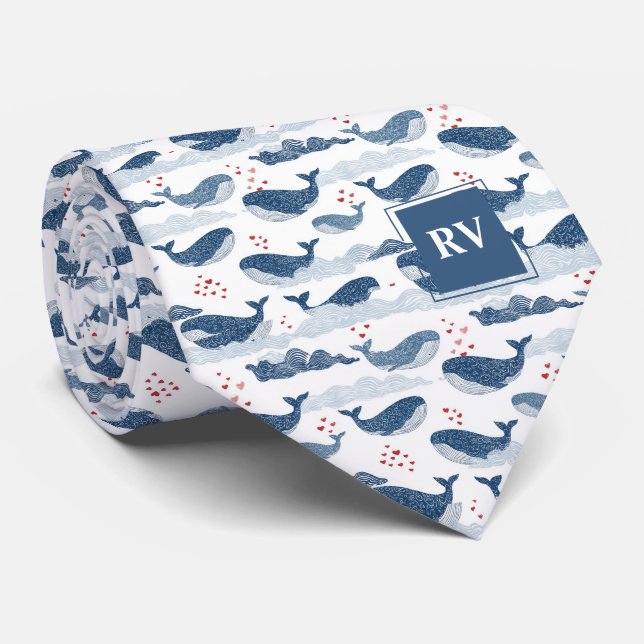 Corbata Ballenas Azules Monogramadas y Corazones en Olas (Enrollado)