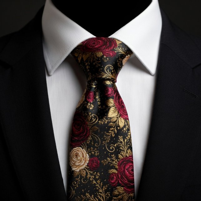 Corbata Baroque Black & Burgundy Roses (Subido por el creador)