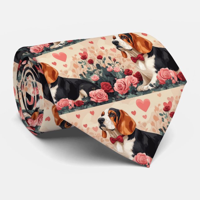 Corbata Basset Hound con Rosas - Día de San Valentín  (Enrollado)