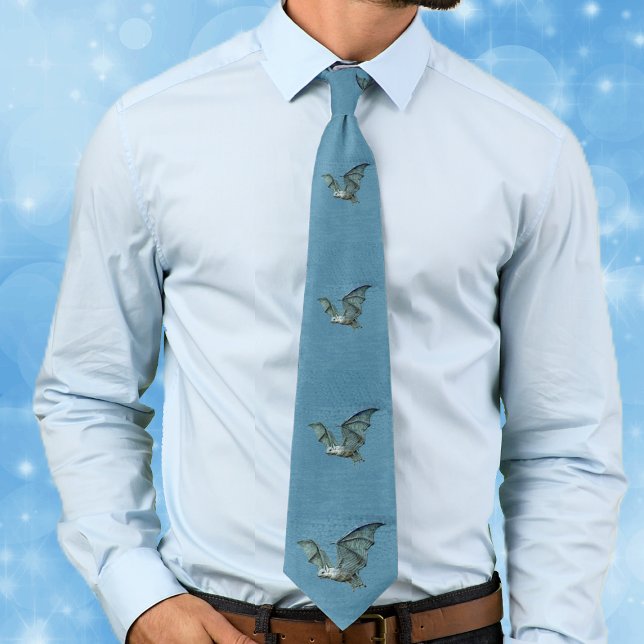 Corbata Batería Azul Azul 3D (Flying spooky blue bats with white faces on blue neck tie.)
