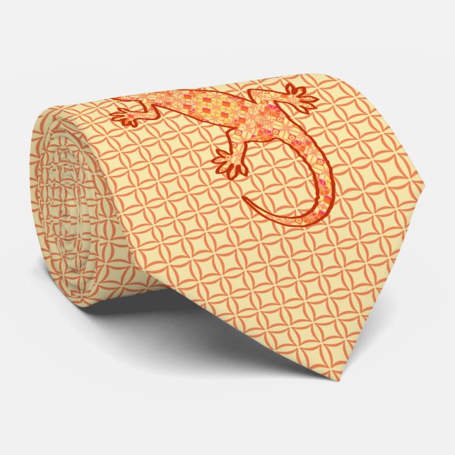 Corbata batik tribal Gecko - naranja de coral y luz (Enrollado)