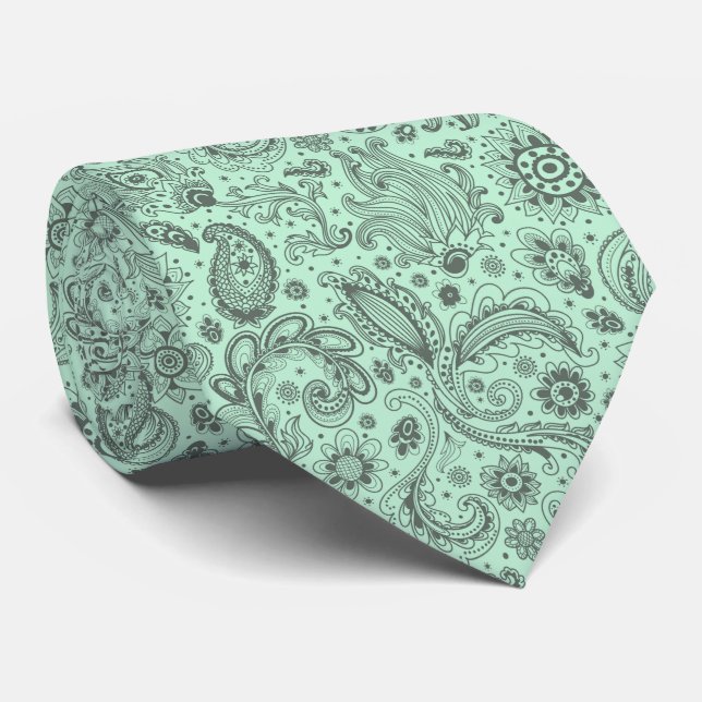 Corbata Batik Verde Menta estilo boho patrón floral de cac (Enrollado)
