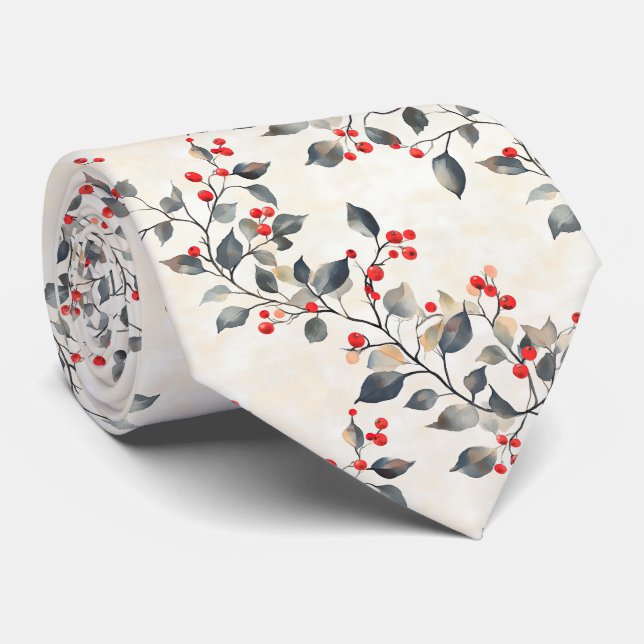 Corbata Bayas Rojas Ramas Verdes de Navidad (Enrollado)