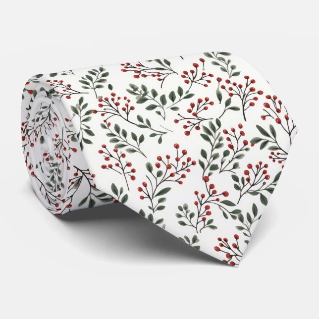 Corbata Bayas y follaje festivo de Navidad en rojo (Enrollado)