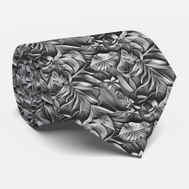 Corbata Beautiful Dark Gray Leaf Pattern Faux Leather  (Enrollado)