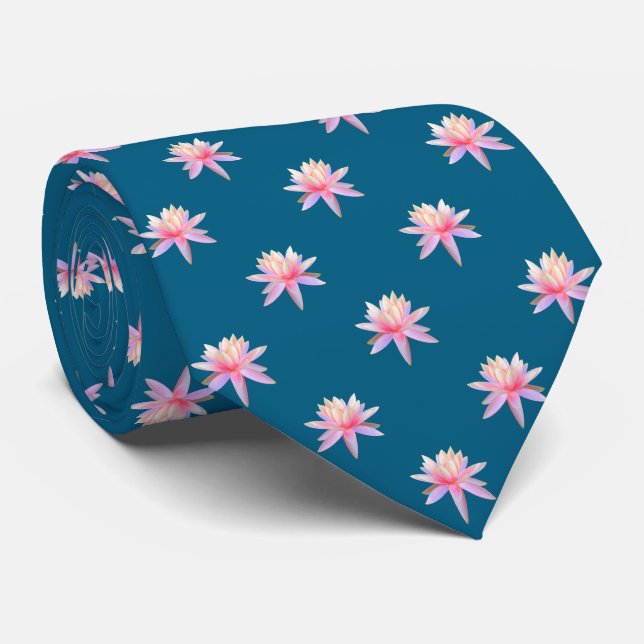 Corbata Beautiful Pink Lily Lotus Flower Pattern on Blue (Enrollado)