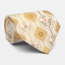 Corbata Beige Dorado Floral Retro Mediados de Siglo