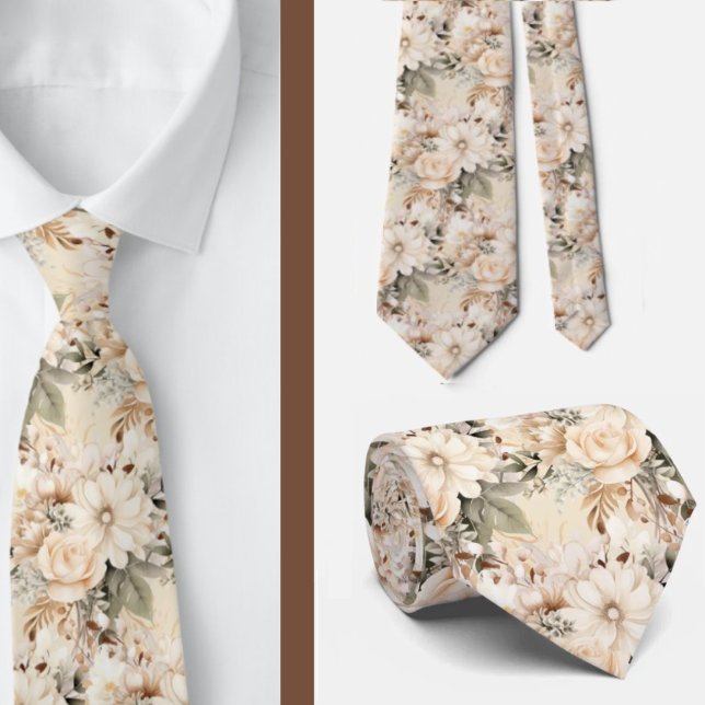 Corbata Beige Dorado Marrón Marfil Blanco Acuarela Floral (Subido por el creador)