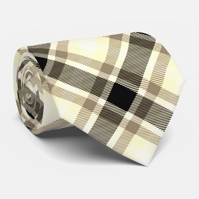 Corbata Beige, negro, blanco Tartán patrón revestido (Enrollado)