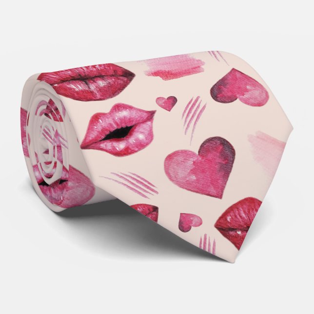 Corbata Besos Y Corazones Patrón Acuarela (Enrollado)