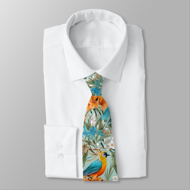 Corbata Birds Chinoiserie Mint Naranja (Atado)