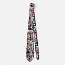 Corbata Black and White Plaid With Leafy Pink Camellias