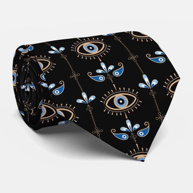 Corbata Black bohemian retro evil eye pattern (Enrollado)