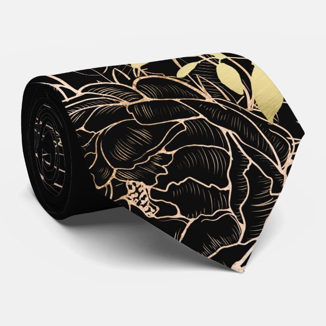 Corbata Black & Faux Gold Peony Modern Line Floral Wedding (Enrollado)