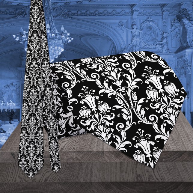 Corbata Black & White Acanthus Leaf Floral Damask Wedding (Subido por el creador)