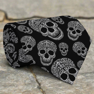 Corbata Black White Resumen Spookone Skulls Halloween
