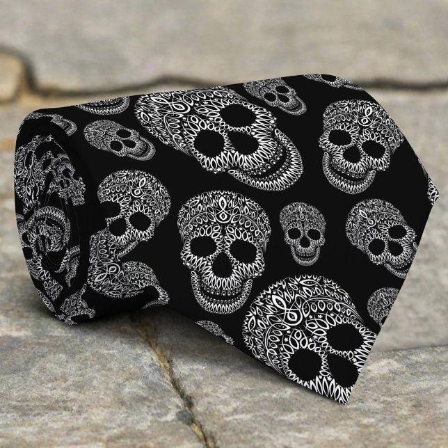 Corbata Black White Resumen Spookone Skulls Halloween (Subido por el creador)