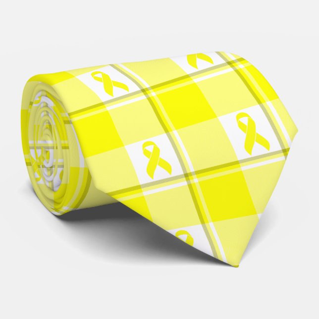 Corbata Bladder Cancer Awareness Plaid Yellow Ribbon (Enrollado)