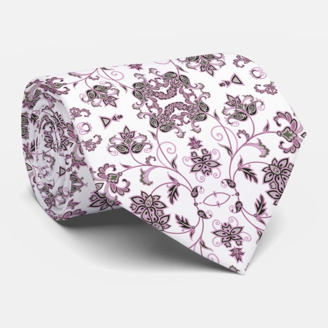 Corbata blanca con decoración violeta suave (Enrollado)