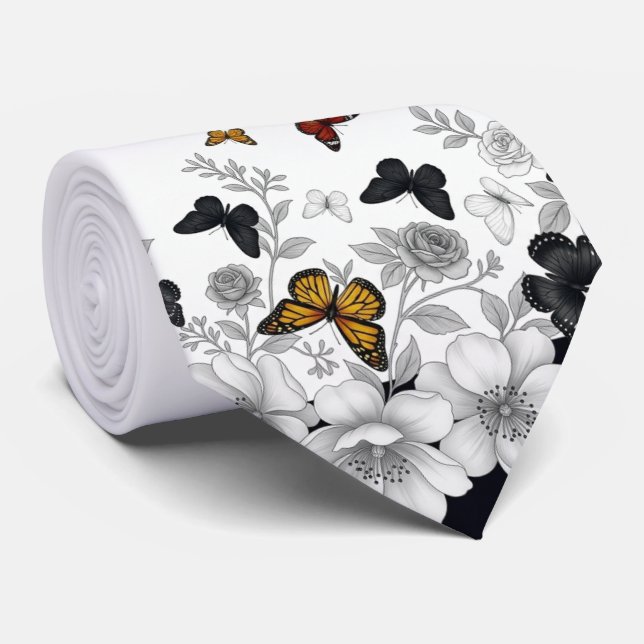 Corbata Blanco con flores negras y mariposas (Enrollado)