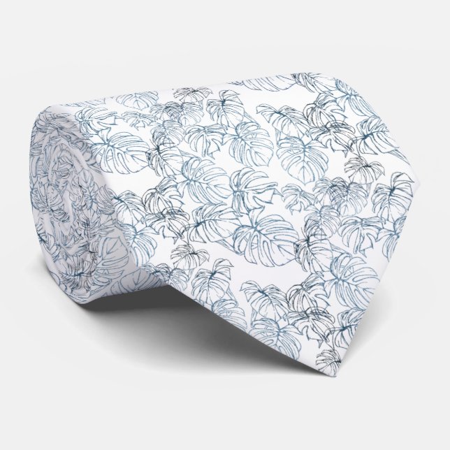 Corbata blanco con hojas azules dispersas (Enrollado)