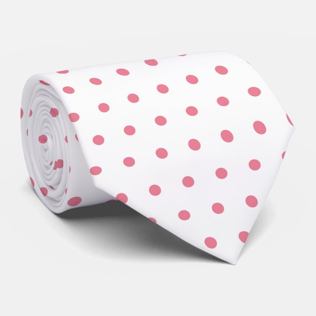 Corbata Blanco con puntos rosados de polka (Enrollado)