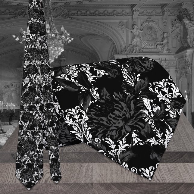 Corbata Blanco Damasco Boda floral negro de cuello (Subido por el creador)