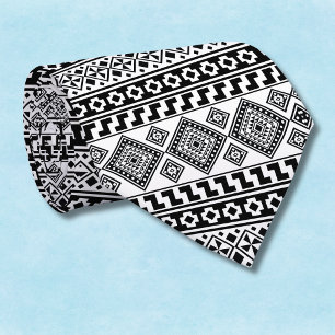 Corbata Blanco Negro Geométrico Monograma Tribal Polinesio