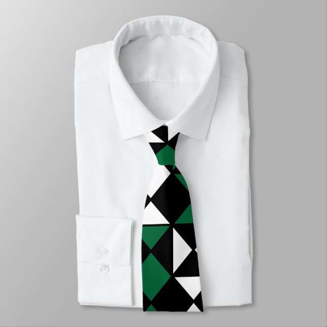 Corbata Blanco Negro Geométrico Verde (Atado)