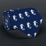 Corbata Blanco temático del Seahorse náutico en la marina<br><div class="desc">Una selección única de la corbata que ofrece un modelo blanco del ilustracion del seahorse del vintage de la marina de guerra el |.</div>