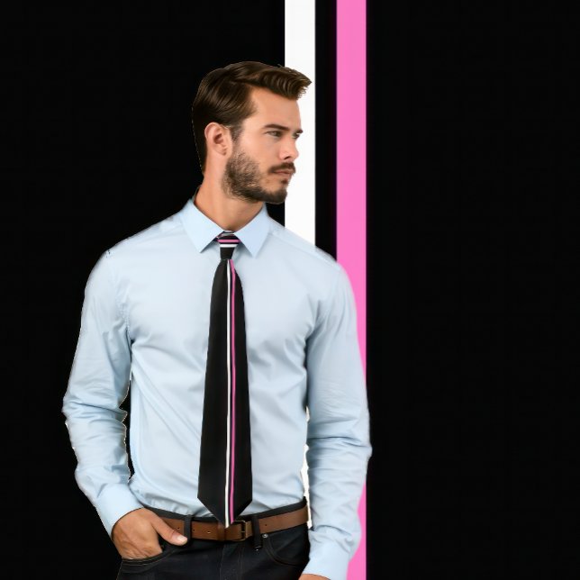 Corbata Blanco vertical, rayas rosadas calientes en corbat (Man wears a black necktie featuring 2 thin vertical stripes in white and hot pink.)