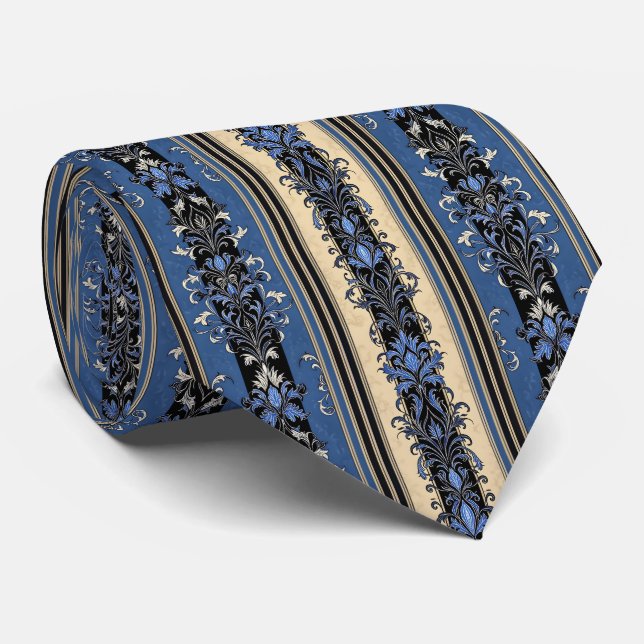 Corbata Blue and Gold Damask Stripes (Enrollado)