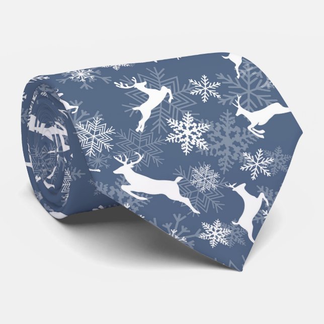 Corbata Blue Christmas snowflakes deer pattern (Enrollado)