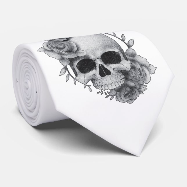 Corbata Boceto de Calavera y Rosas (Enrollado)