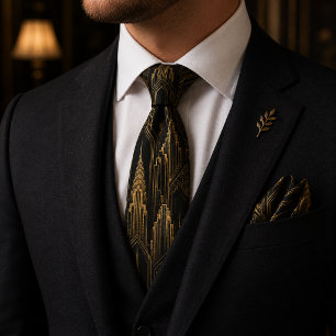 Corbata Boda Art Déco de lujo con cielo de rascacielos neg