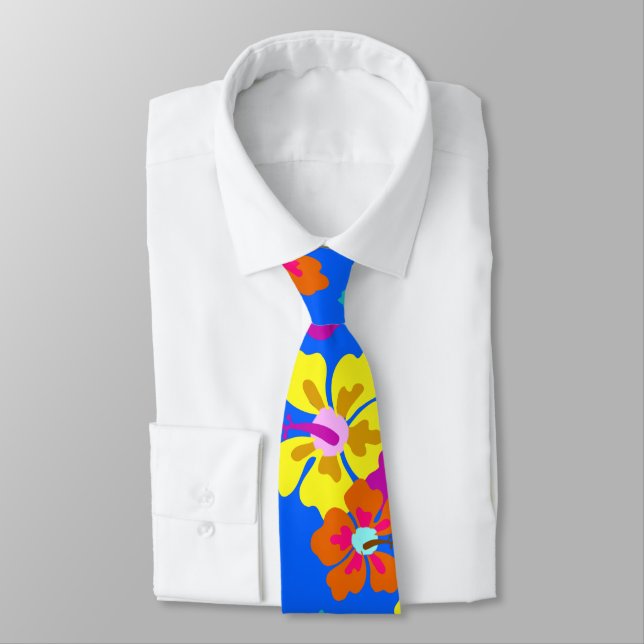 Corbata Boda azul del patrón de Hibiscus en negrita (Atado)