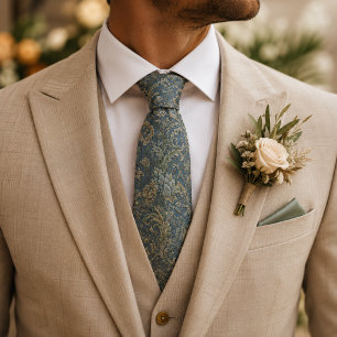 Corbata Boda barroca en azul polvoriento y verde salvia